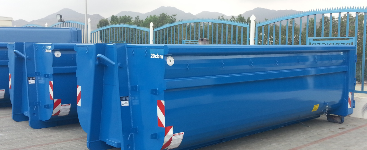 Blue industrial waste container for construction use