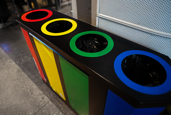 Color-coded recycling bins for waste segregation in public spaces